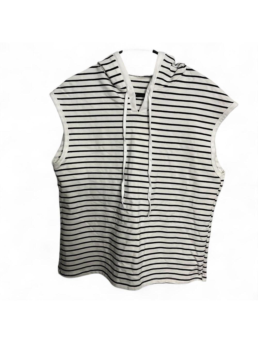 Black White Striped Oversized Sleeveless Hoodie